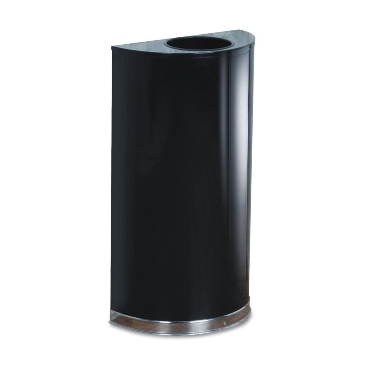 Rubbermaid Commercial Products Metallic Series Open Top Trash Can Half-Round 12-Gallons Black/Chrome Indoor/Outdoor Garbage Can/Bin with Side Opening for Lobby/Office/School/Restaurant