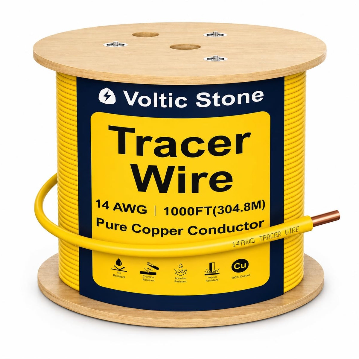 Voltic Stone 14 AWG Yellow Gas Line Tracer Wire, True Gauge 100% Solid Copper Direct Burial Underground Locating Cable, 30/600V Rated, HDPE Jacket, Corrosion-Resistant for Natural Gas & Propane