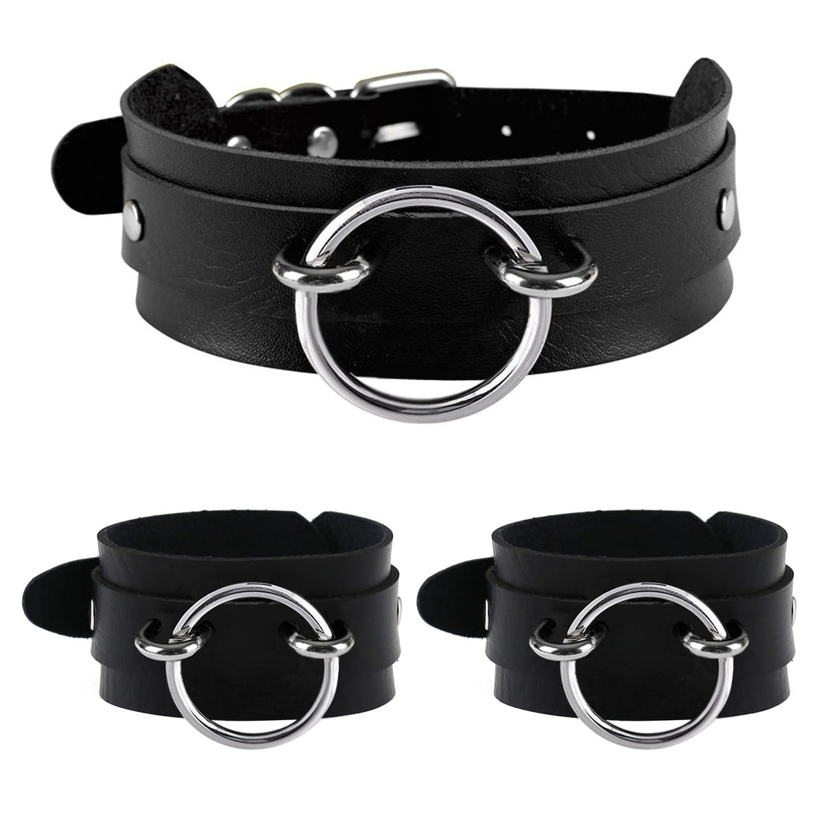 Tosmifairy Black Wide Soft Faux Leather Collar Choker Adjustable Thick PU Necklace and Bracelets Set for Women Men,Circle Ring Charm (Adjusted Neck: 17-21 Inches)