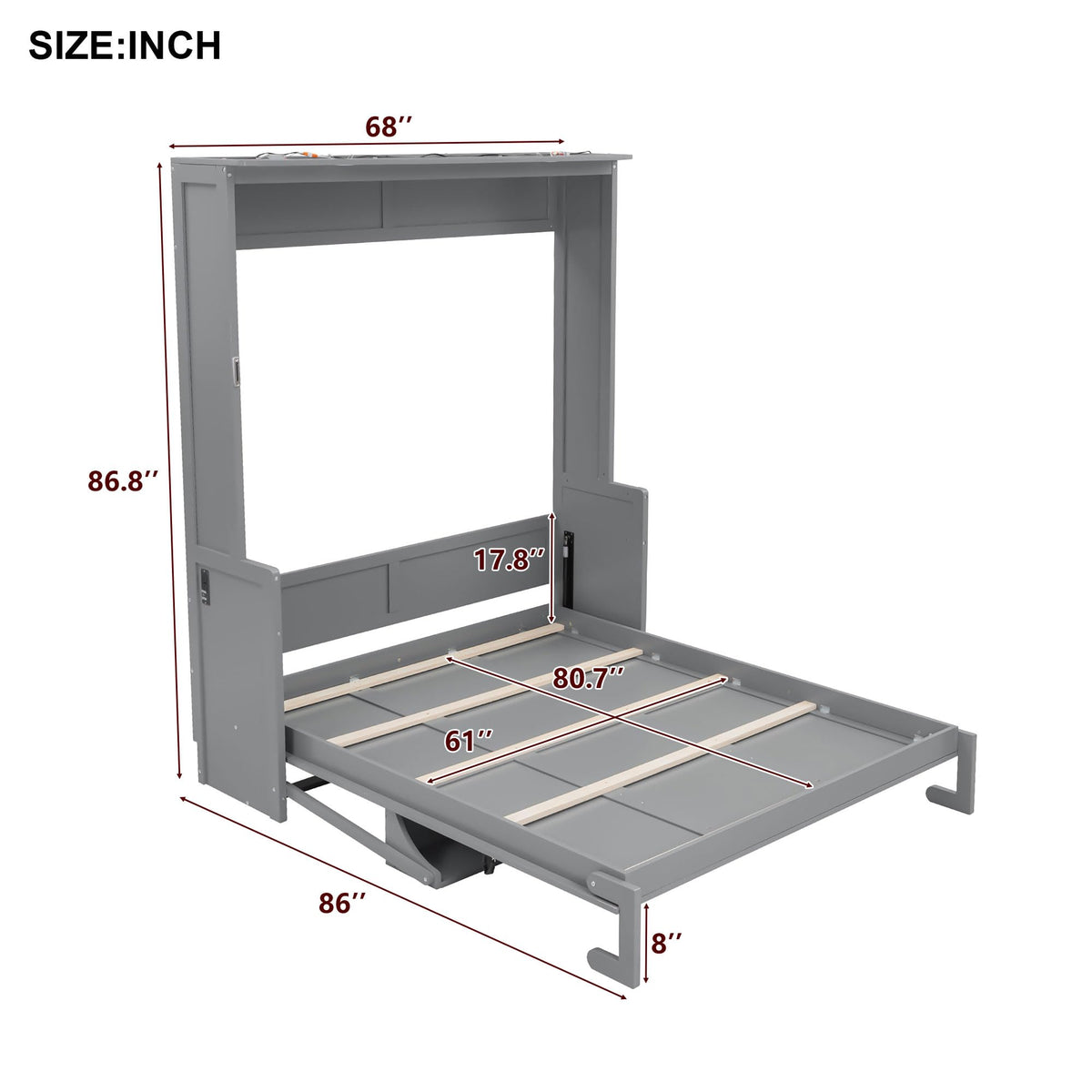 GDFStudio Queen Size Murphy Bed with Desk, LED Lights and USB Charging Ports, Wall-Mounted Space-Saving Bed, Solid MDF + Plywood, Foldable Design, Modern Home Office and Guest Room Solution, Gray
