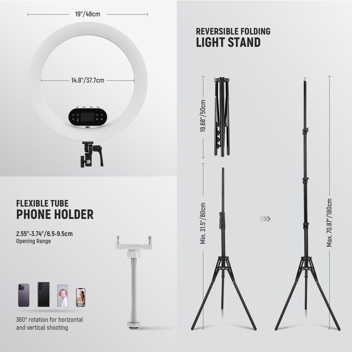 NEEWER 19" 100W High Power LED Ring Light with Tripod Stand & 3 Phone Holders Compatible with iPhone, 2900-7000K CRI97+ App&2.4G Control Lighting for Selfie Video Recording Makeup Streaming, RH100B