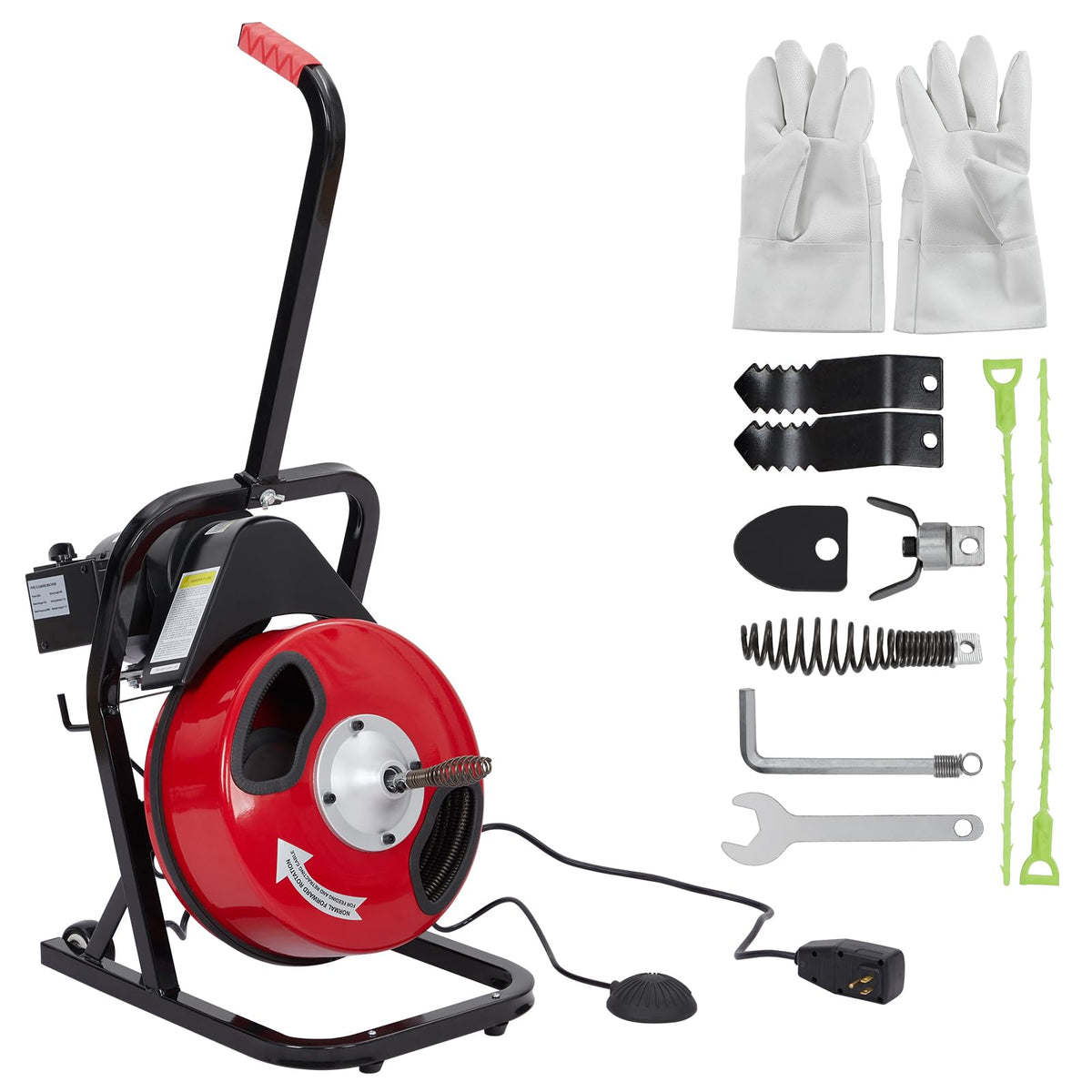 Electric Drain Cleaner Machine, 50FT x 1/2" Cable, 250W Auto-Feed Sewer Snake, 4 Interchangeable Cutter Heads, Air Foot Switch, Portable Auger for 1"-4" Pipes, Home and Commercial Use