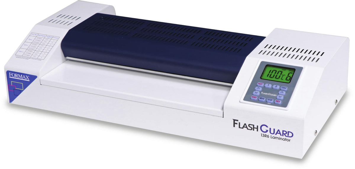 Formax FlashGuard 13R6 Laminator; 1500W; 110-120V, 50/60Hz; 15A; Heavy-Duty 6 Roller System; All-Metal Construction; Graphics-Based LCD Screen; Variable Temperature and Speed
