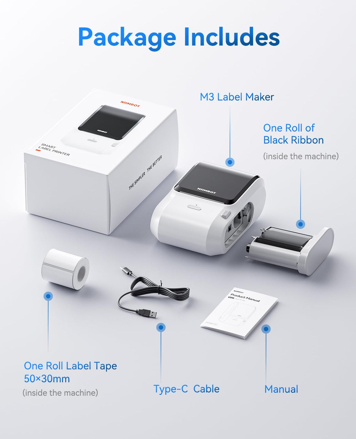 NIIMBOT M3 Label Maker Machine with Tape, 3'' Bluetooth Thermal Transfer Sticker Printer for Small Business Clothing, Address, Cable Storage, Compatible with Phones & PC(Not for 4x6 Shipping Label)