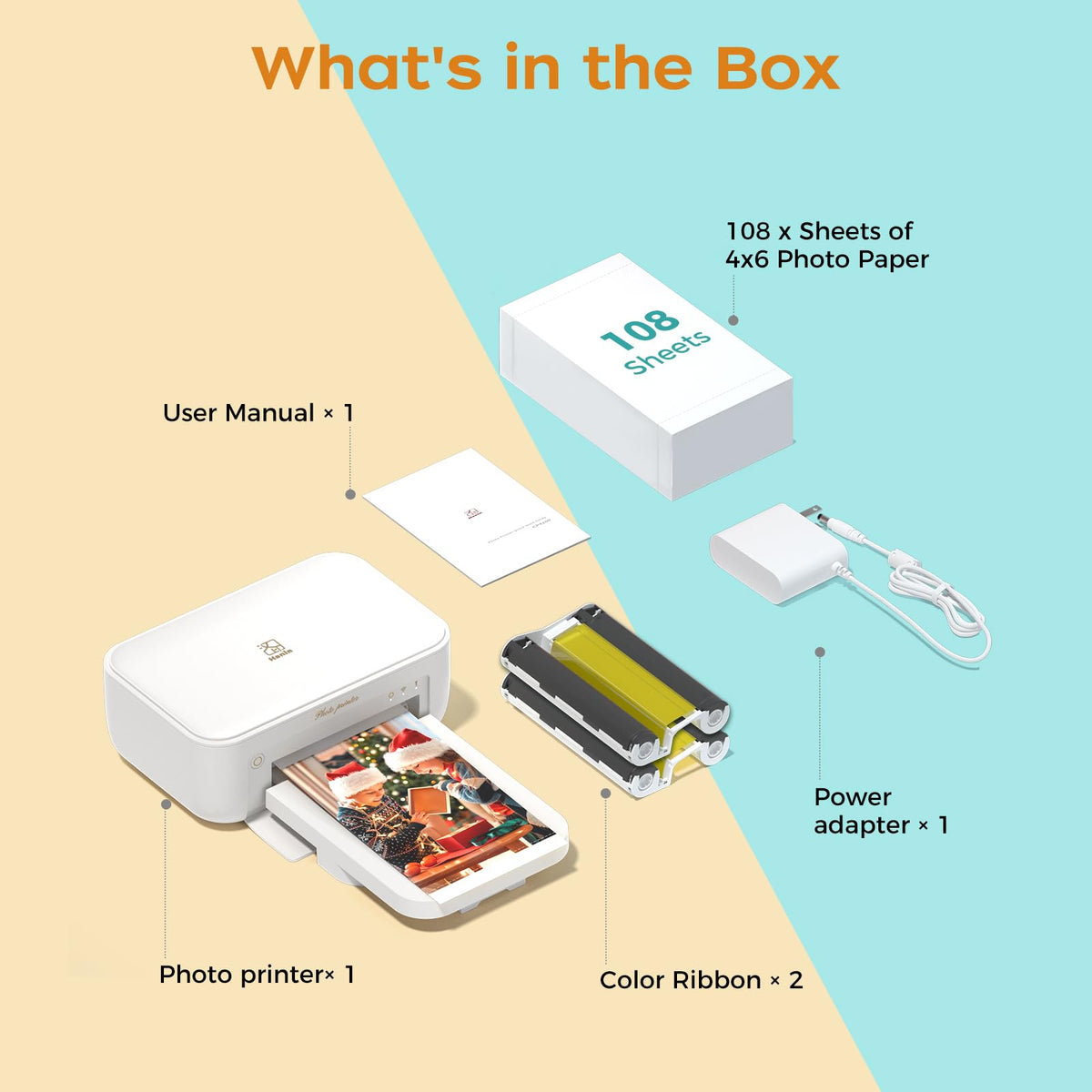 HPRT Photo Printer 4x6 with 108 Sheets & 2 Cartridges, Instant Picture Printer for iPhone & Android, Bluetooth Dye Sublimation Phone Photo Printer, Home Use, Ideal Gift, White