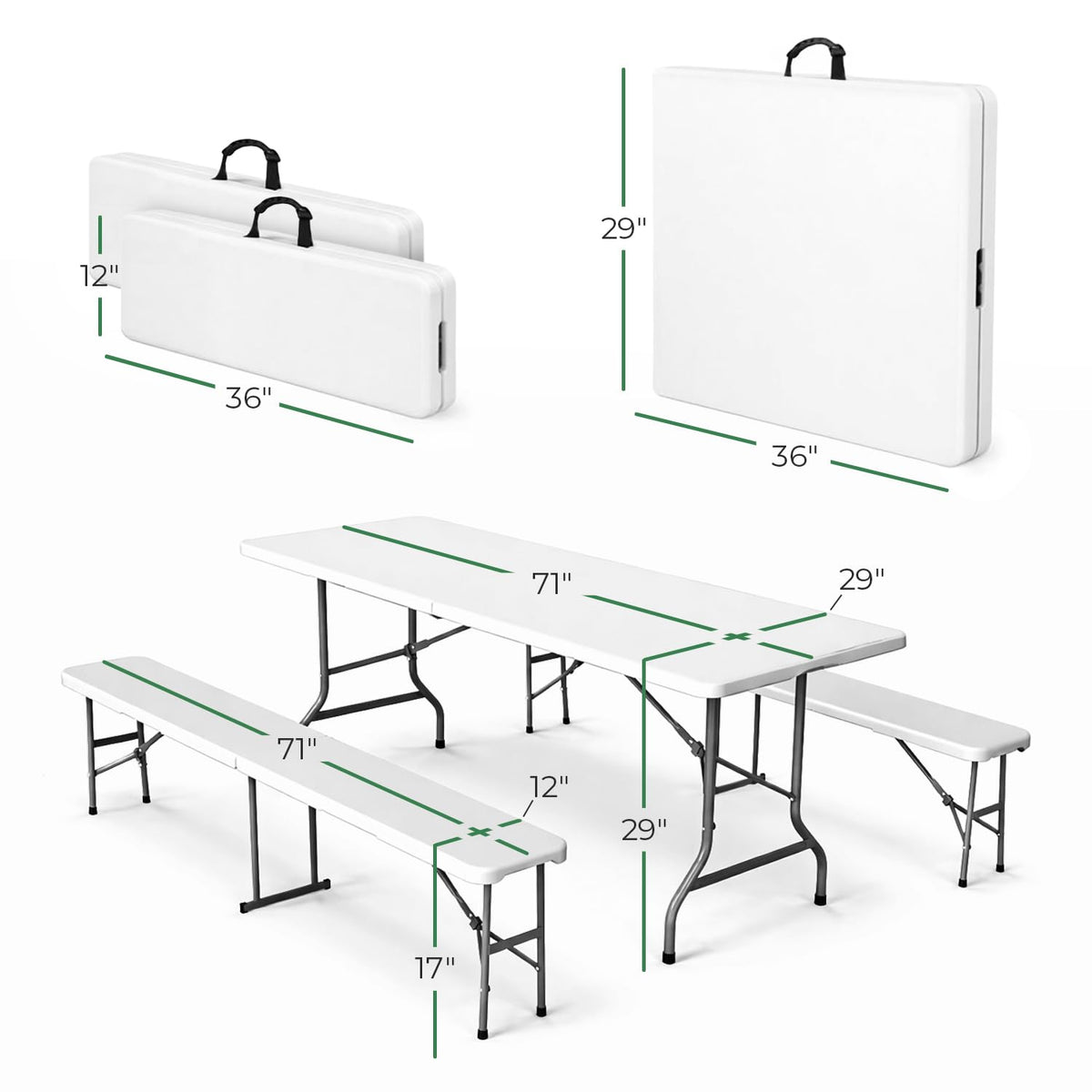 EconoHome 6 Ft White Plastic Folding Table Set with 2 Benches – Heavy-Duty Picnic Table & Bench Set, Space-Saving, Indoor/Outdoor, Seats 6-8, Easy Storage & Transport