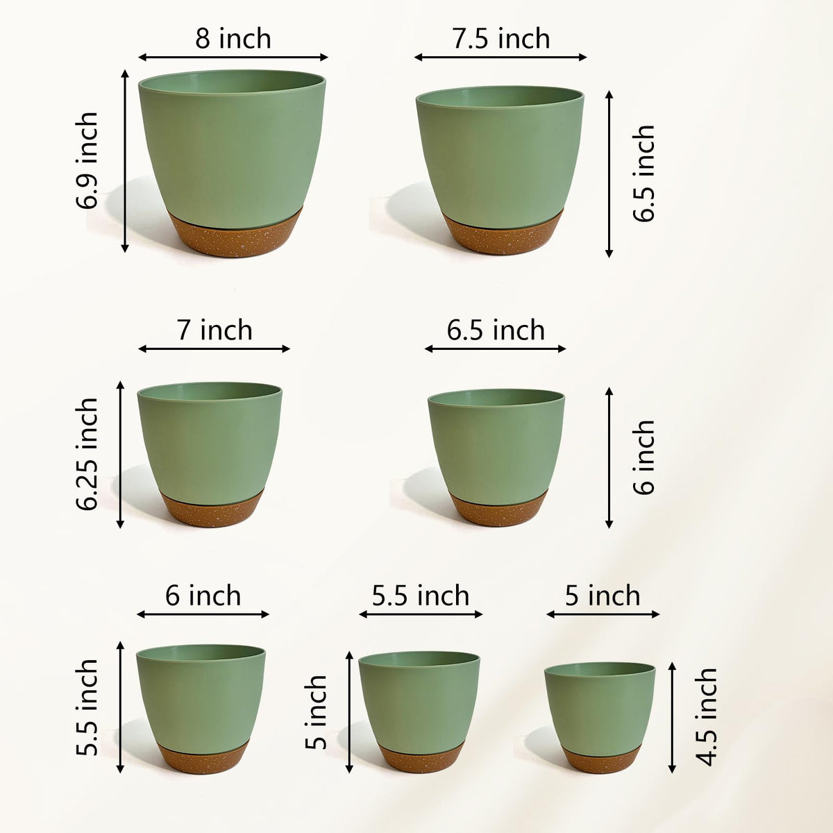 LIFFY Plant Pots, 8,7.5,7,6.5,6,5.5,5 Inch Plastic Self Watering Planters with Drainage Holes & Saucers, 7-Pack Green Nursery Planting Pot with Deep Reservoir for Indoor Outdoor Plants