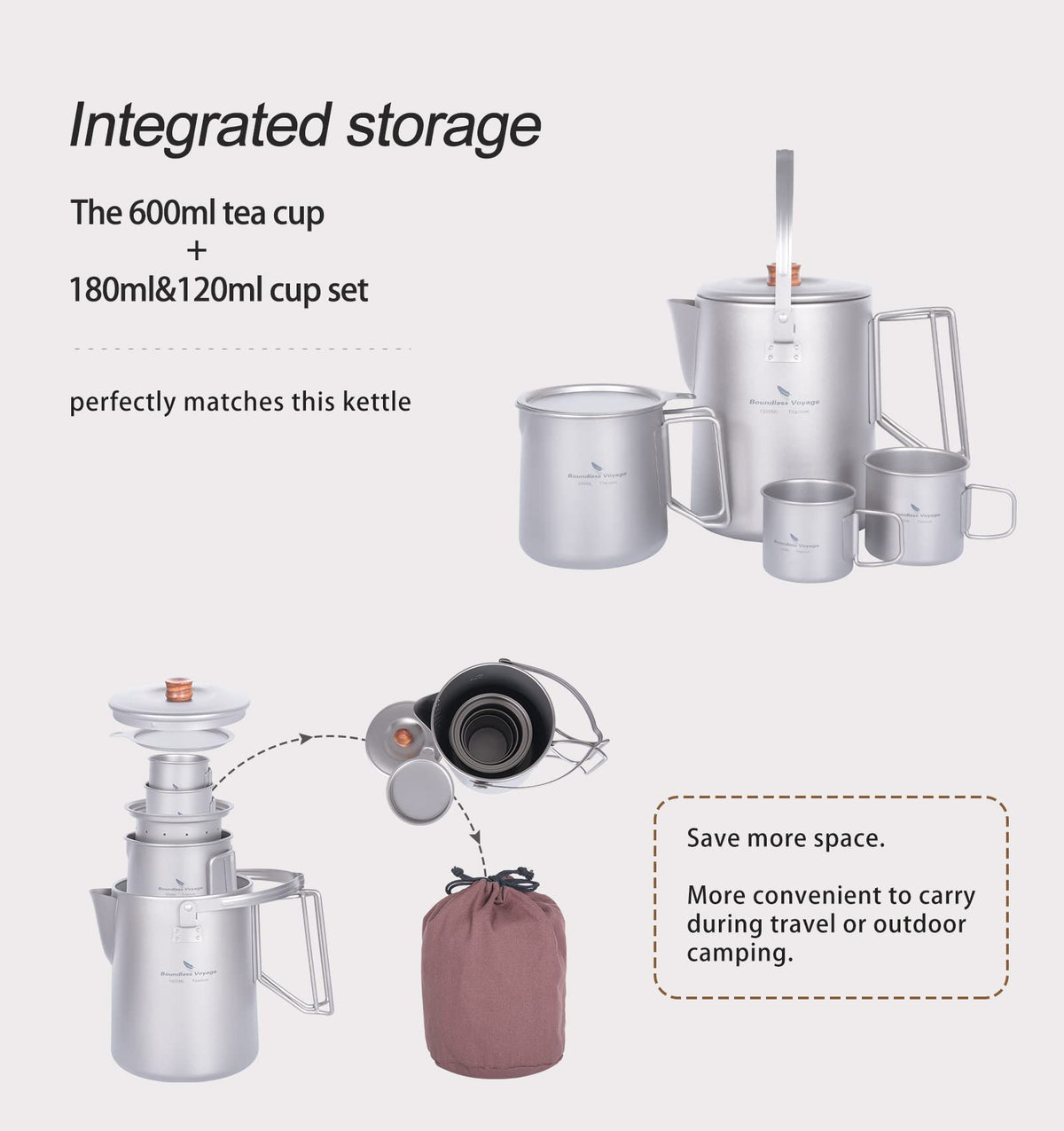 Boundless Voyage Titanium Camping Coffee Pot 1500ml Barista Kettle for Making Coffee, Boiling Water - Outdoor Traveling Campfire Stovetop Fast Brew (Kettle+3 Cups Set)
