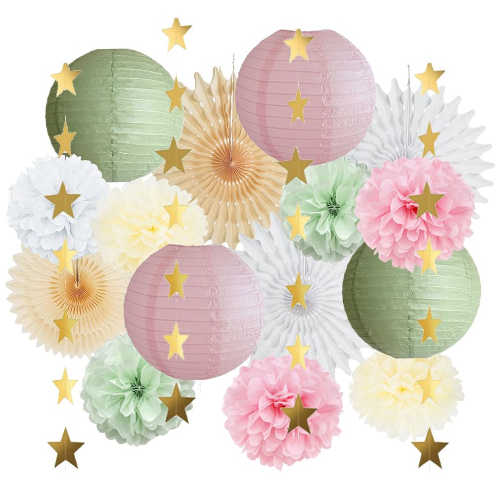 Sage Green and Pink Party Decorations Paper Lanterns Decorative Pink Gold Tissue Paper Pom Poms Sage Green Party Decorations Gold Star Garland for Baby Shower Bridal Shower Birthday Wedding Engagement