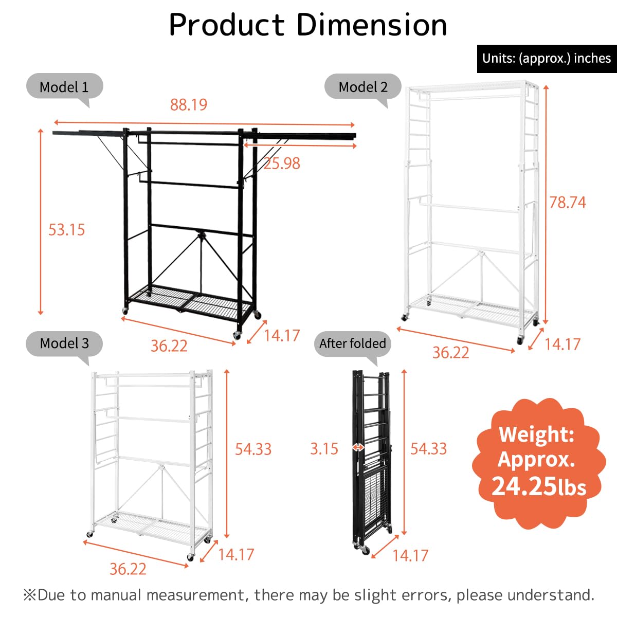 lumizone Folding Clothing Rack with Wheels Expandable Wardrobe Portable Clothes Rack for Hanging Clothes Adjustable Closet Shelves Garment Rack Durable Closet Racks for Hanging Clothes (Pro Black)