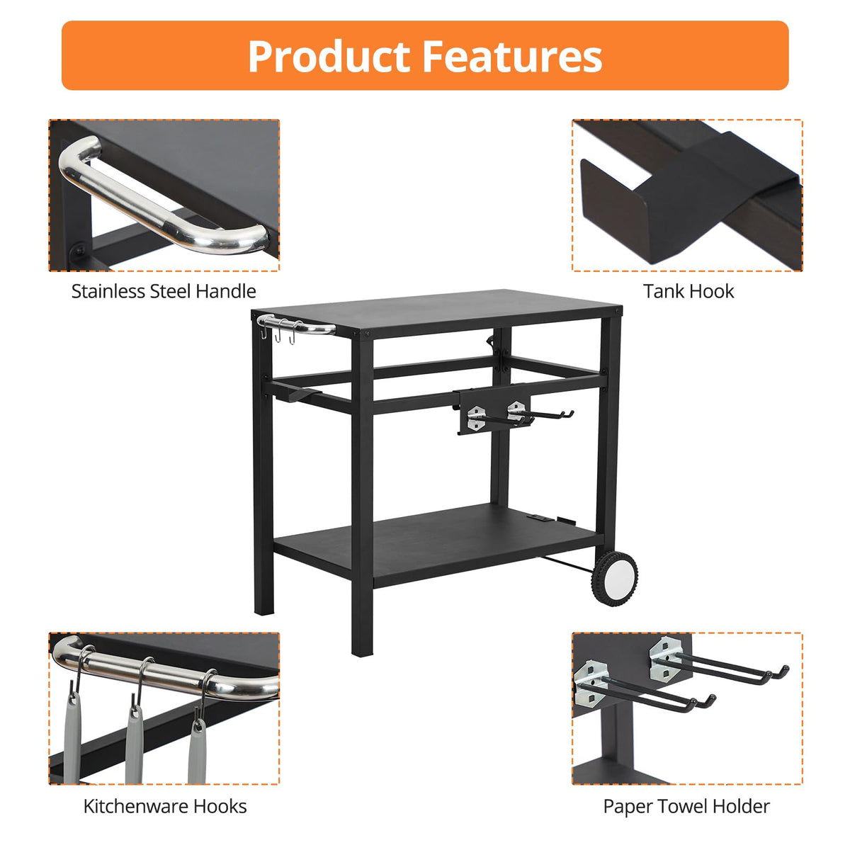 Outdoor Grill Cart - Portable Barbecue Table with Rolling Wheels, Hooks, Double Shelves, Removable Steel Flat Top Work Surface, Side Handles, Multifunctional Commercial Design