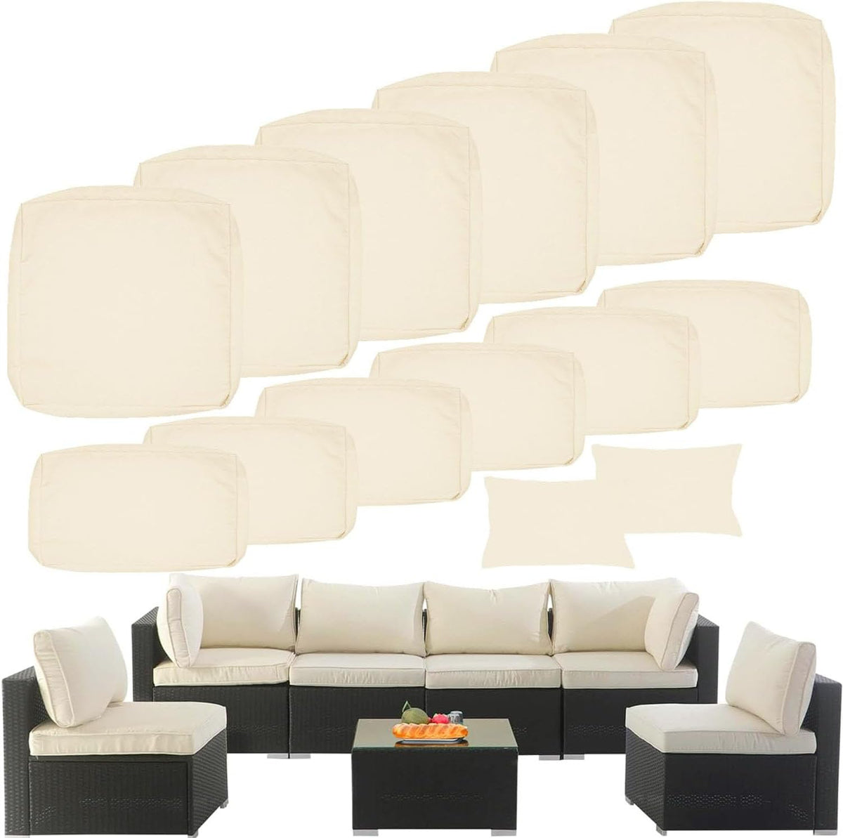 SpaceHop 14 Piece Outdoor Patio Cushion Cover Replacement, Waterproof Patio Cushion Covers, Outdoor Furniture Cushion Covers Set for 6 Seat Wicker Rattan Sofa (Off-White)