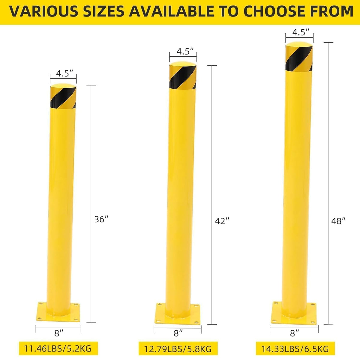 4-Pack 36 Inch Steel Safety Bollards, 4.5 Inch Diameter Parking Bollard Post with 16 Anchor Bolts, Yellow Safety Steel Bollard Post for Driveway Barrier, Traffic Control & Storefront Protection