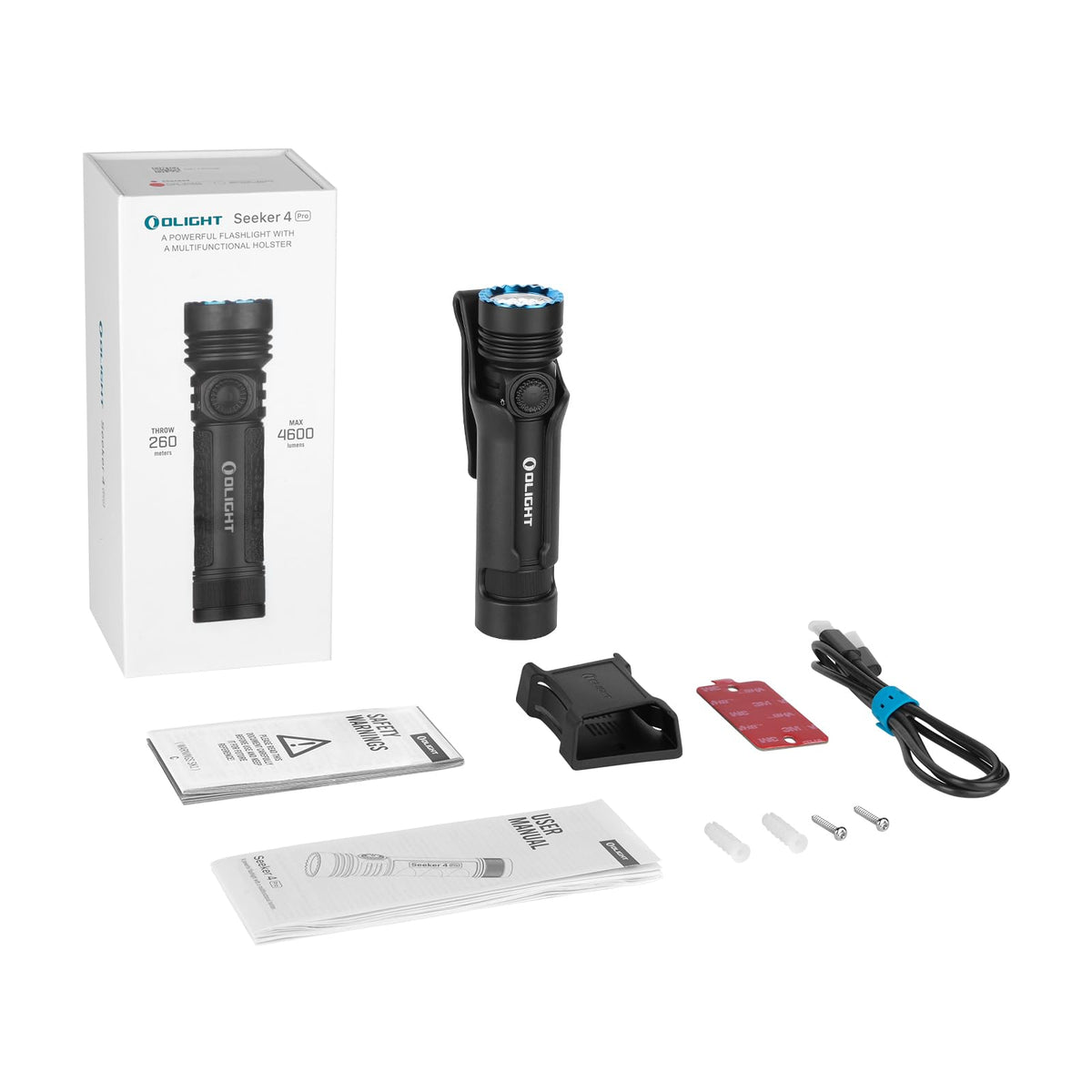 OLIGHT Seeker 4 Pro Rechargeable Flashlights, 4600 Lumens High Powerful Bright Light with USB C Holster, Waterproof IPX8 for Emergencies, Camping, Searching (Matte Black Cool White)