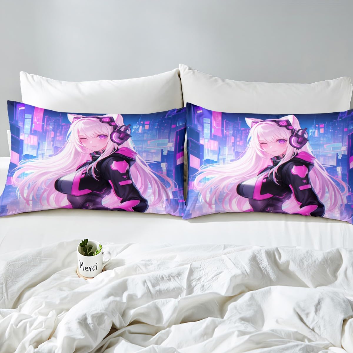 Erosebridal Twin Anime Girl Bed Sheets 2 Piece, Kawaii Japanese Anime Bedding Set Cartoon Girl Fitted Sheet Sci Fi Style Japanese Animation Sheets for Kids Girls Teens Adult Room