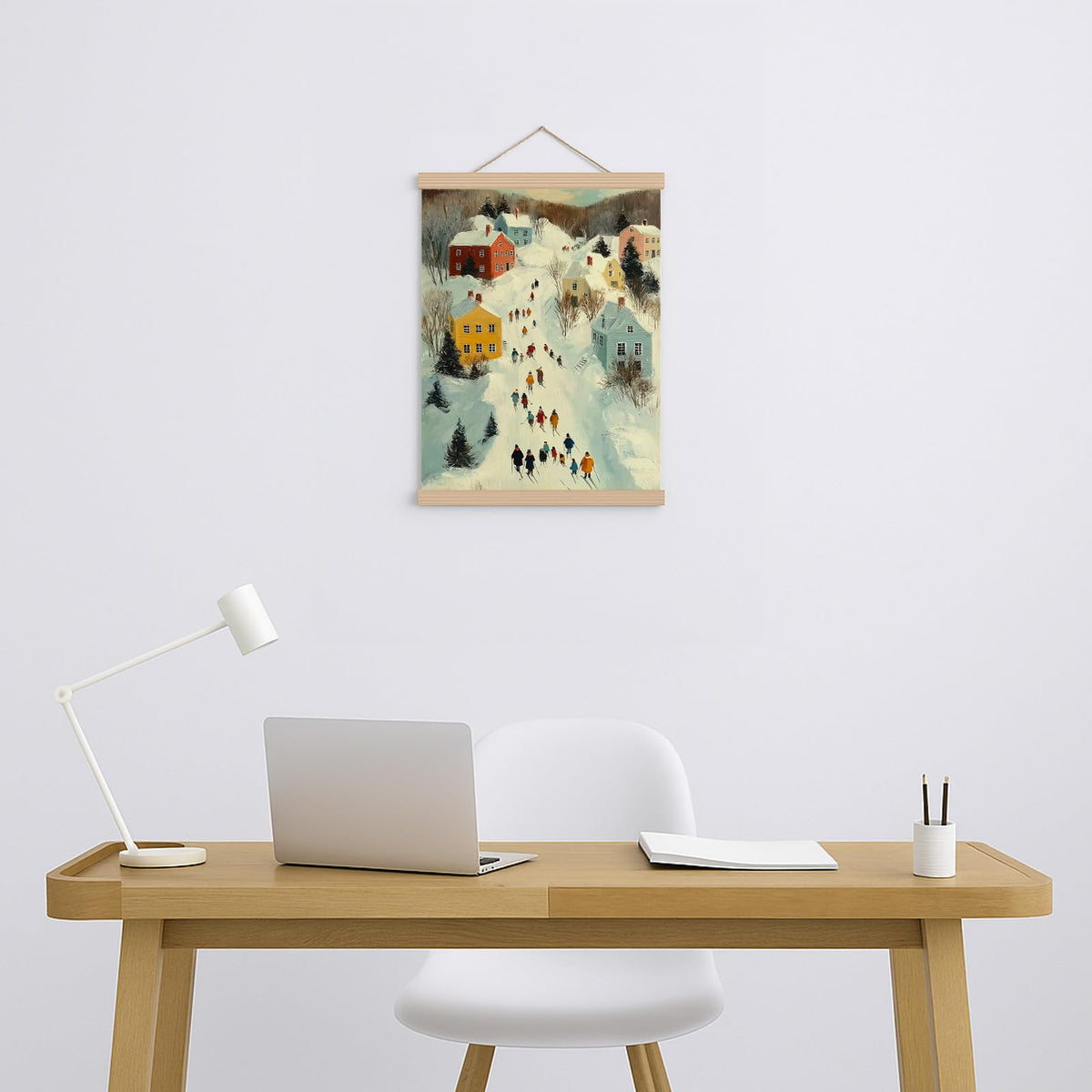 FOPENEM 16x12 Inch Winter Village Scene Wall Art – Snowy Town Canvas Hanging Print with Skating People for Holiday Decor