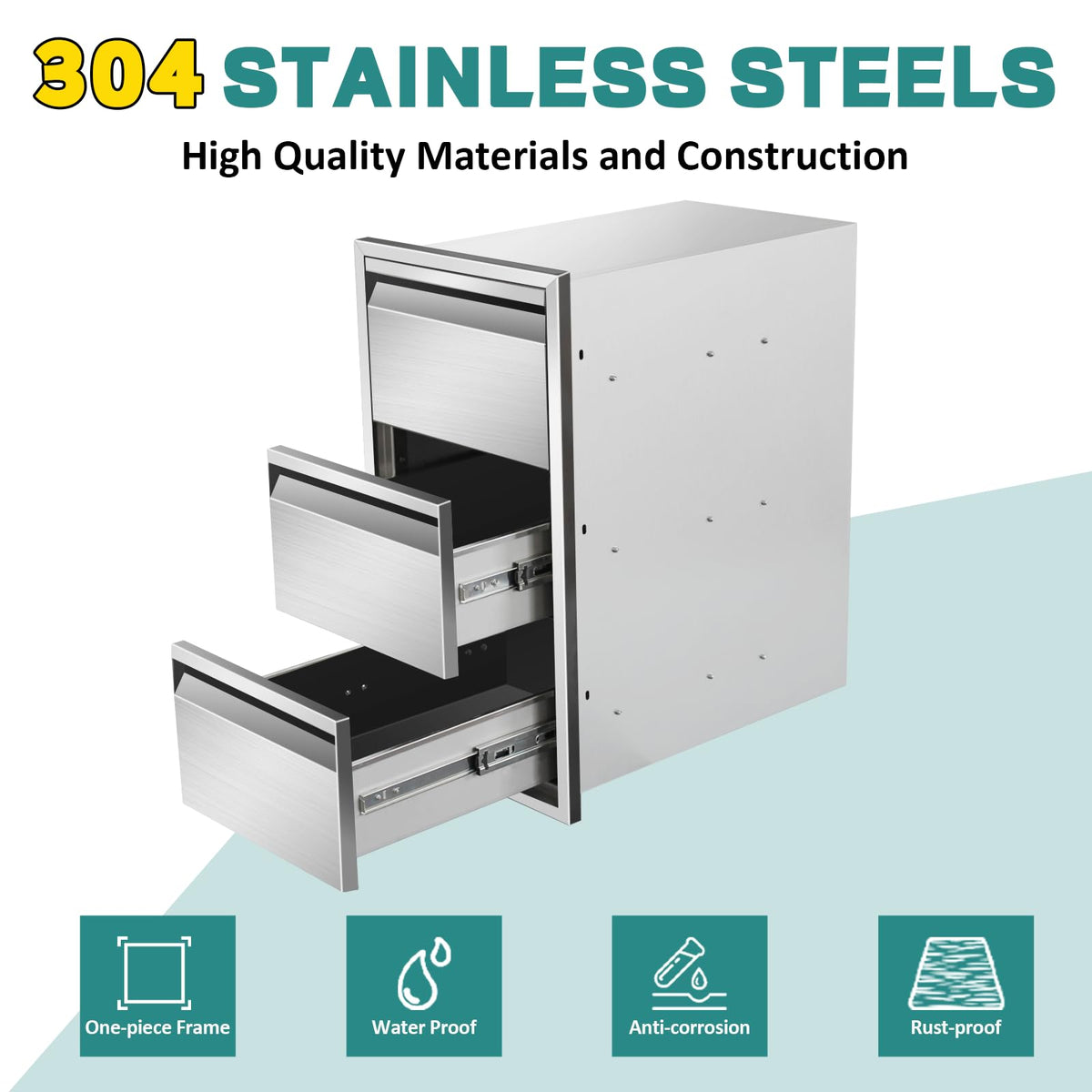 Outdoor Kitchen Drawers 14" W x 25.4"H x 21"D Stainless Steel Drawer BBQ Triple Drawers with Hidden Handle for Outdoor Kitchen Island, Patio Grill Station
