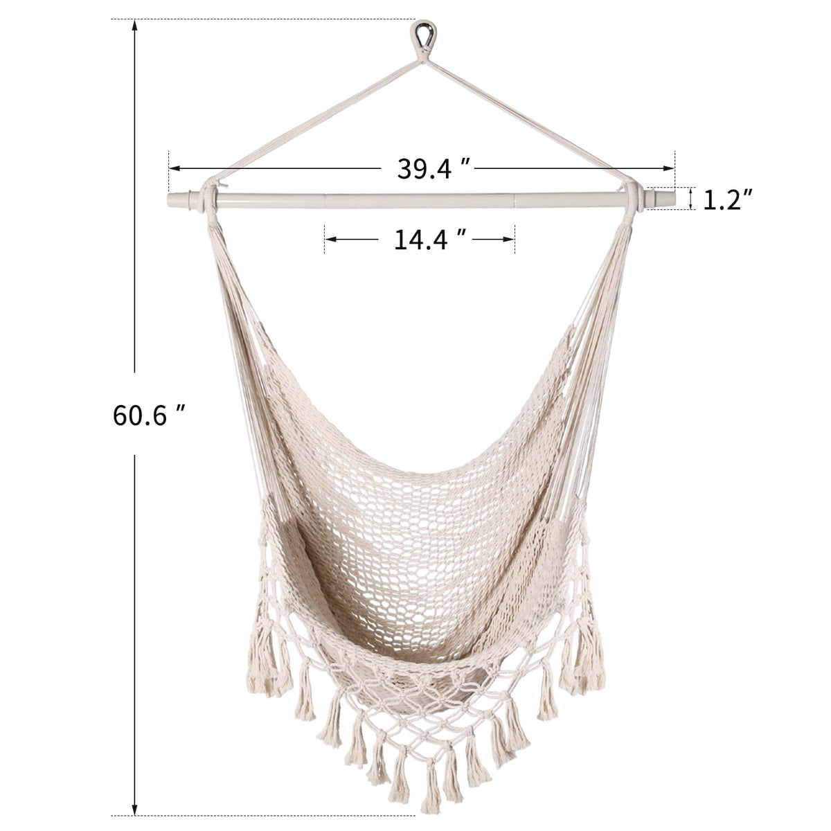 Handwoven Cotton Rope Hammock Chair with Metal Spreader Bar and Stand, Boho Hanging Chair Bedroom, Indoor Outdoor Swing Chair with Tassle