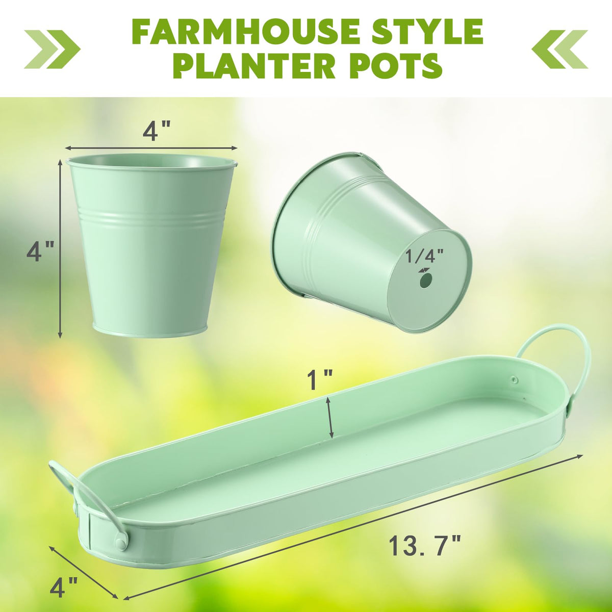 Hicarer 2 Sets Herb Planter with Tray Metal Herb Garden Planter with Drainage Farmhouse Windowsill Pots for Indoor Plants Flower Succulent Outdoor Kitchen Apartment Balcony Window (Green)