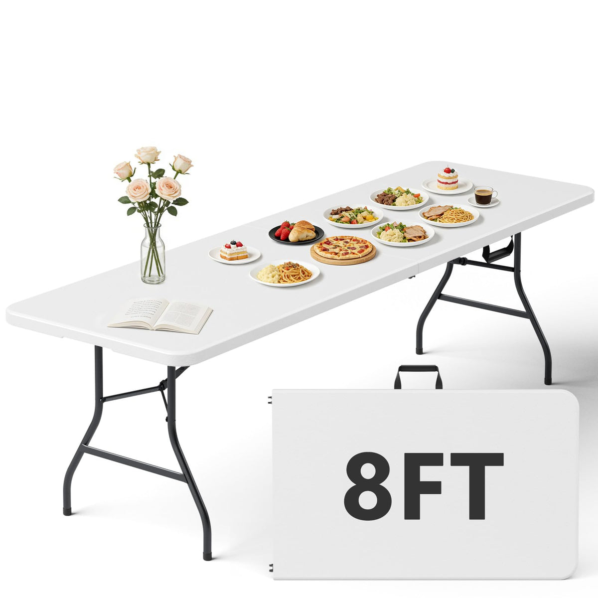 FurniEdge Folding Table 8FT Heavy Duty Plastic Table with Handle, Foldable&Portable, Fold-in-Half Utility Tables for Outdoor, Dining, Wedding, Events, Indoor, Picnic, Camping, Party, White