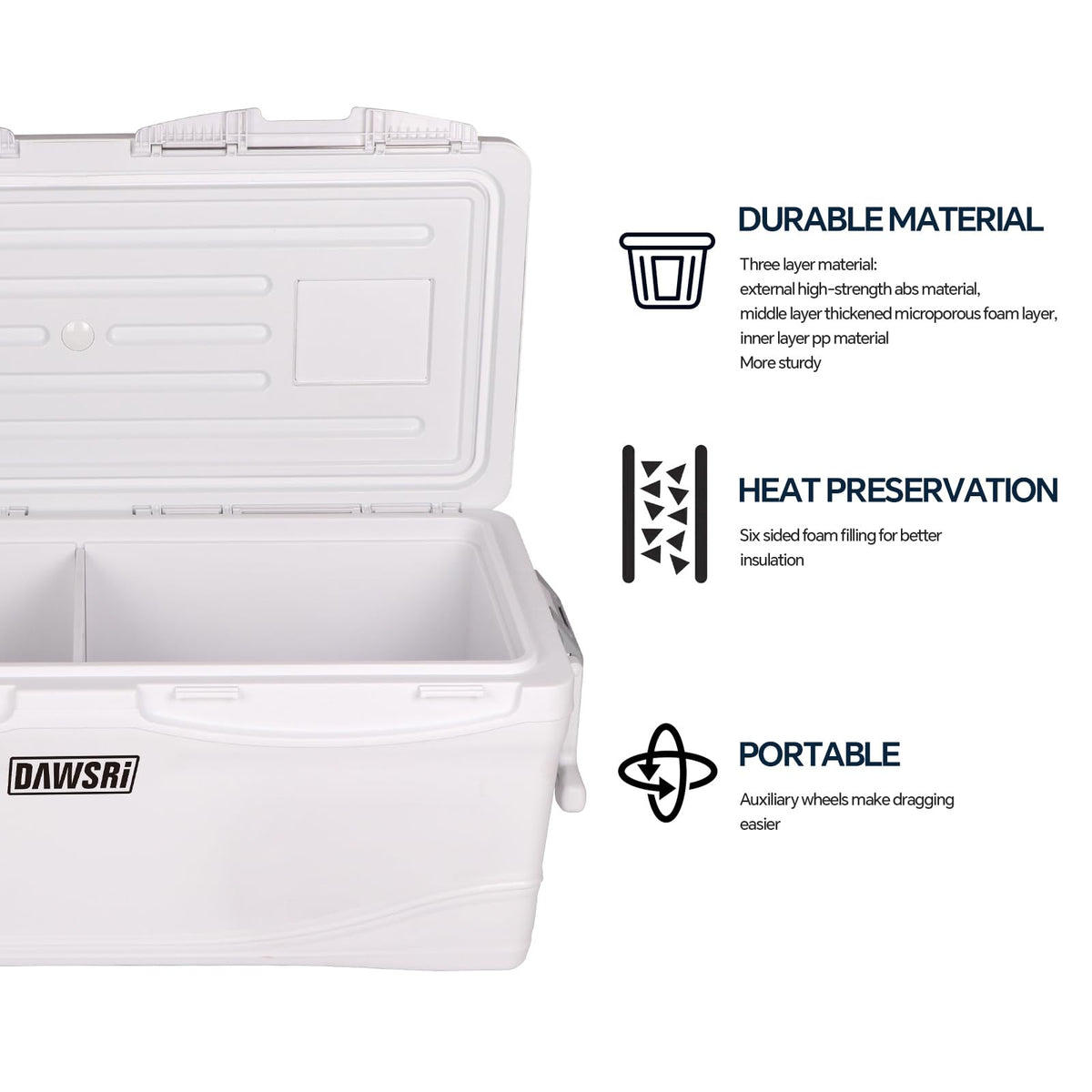 DAWSRi Icehouse Series Hard Cooler with Wheels Ice Retention Durable Insulated Portable Ice Chest Box Easy to Transport for Camping,Fishing,Boat,Travel,Tailgates,Picnics,Beach,Barbecue 42QT
