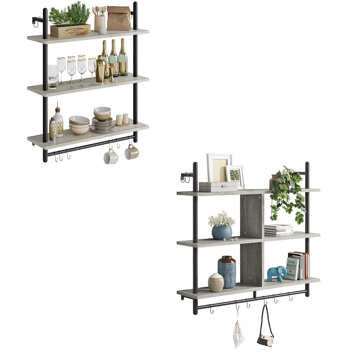 Bestier Floating Pipe Shelving Kitchen Shelves Wall Mounted 3 Tier Ladder Coffee Bar Shelf 3 Tier Bundle, Retro Grey