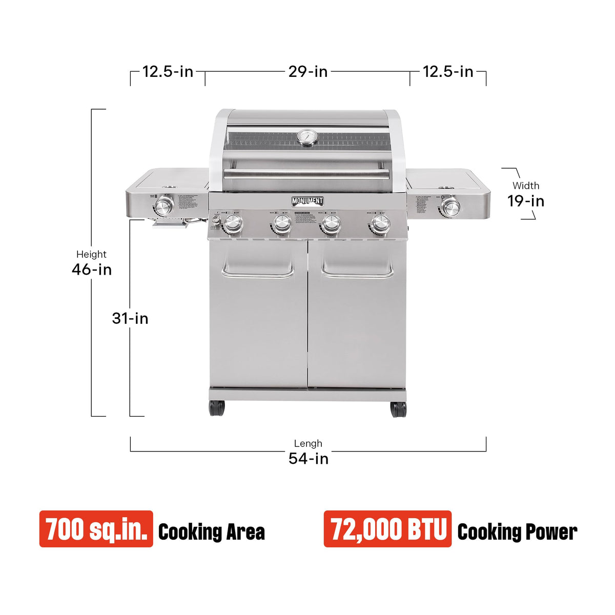 Monument Grills Larger 4+2 Burner Propane Gas Grills Stainless Steel Cabinet Style with Clearview® Lid, Knob Controls, Built-In Thermometer, Infrared Side Sear Burners & Side Burners, Outdoor Use
