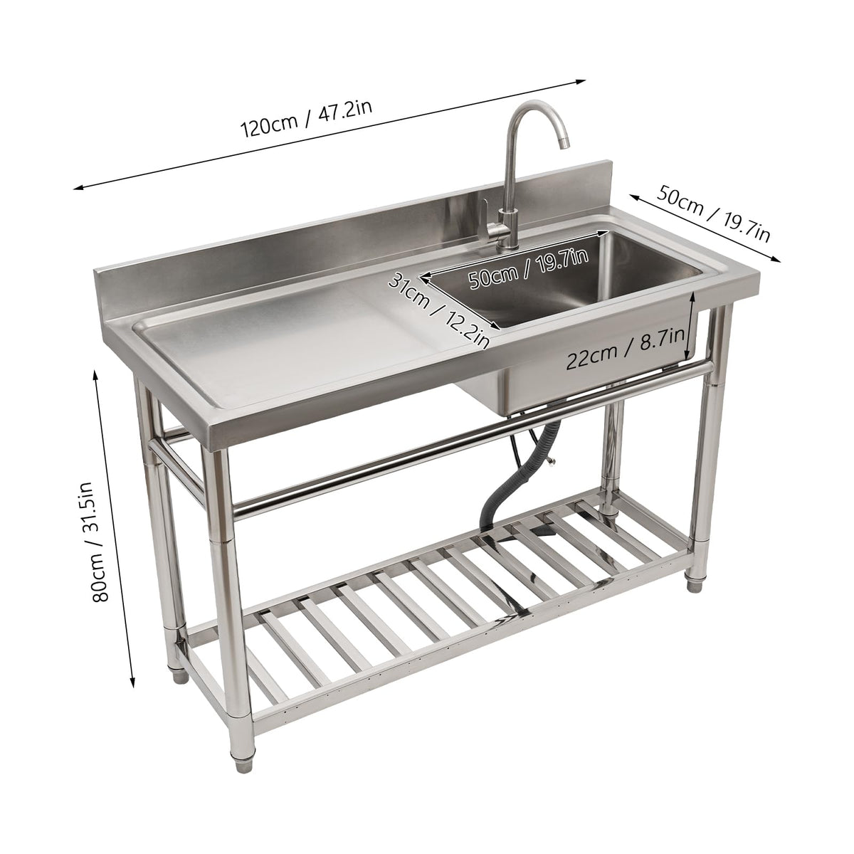 47.2" Stainless Steel Utility Sink with Faucet, 1 Compartment Free Standing Single Bowl Sinks, Commercial Restaurant Kitchen Sink Set with Storage Shelf for Indoor Outdoor