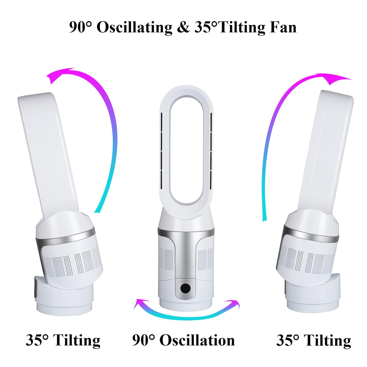 Voagupa Bladeless Tower Fan and Air Purifier, True H13 HEPA Filter, 90° Oscillating Bladeless Fan with Remote and Touch control, 9H Timer, Floor Fans for Bedroom Home Office Use, Silver White
