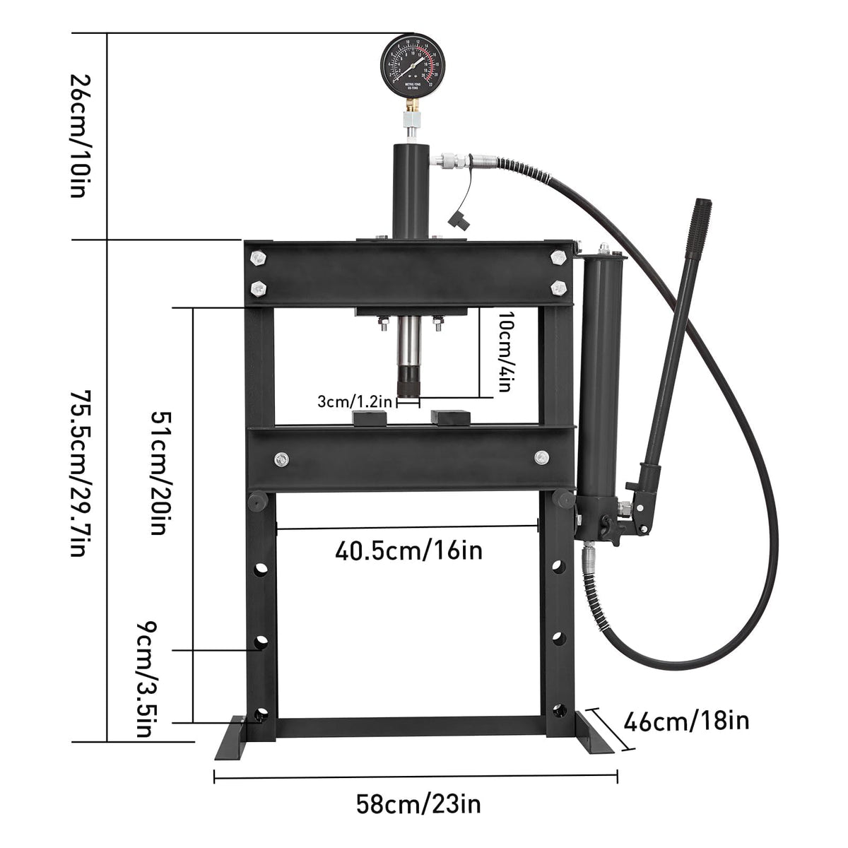 10 Ton Hydraulic Shop Press with Pressure Gauge & Plate, Heavy Duty H-Frame Benchtop Press with Height Adjustable Working Table for Auto Repair, Metalworking, Manufacturing, Black