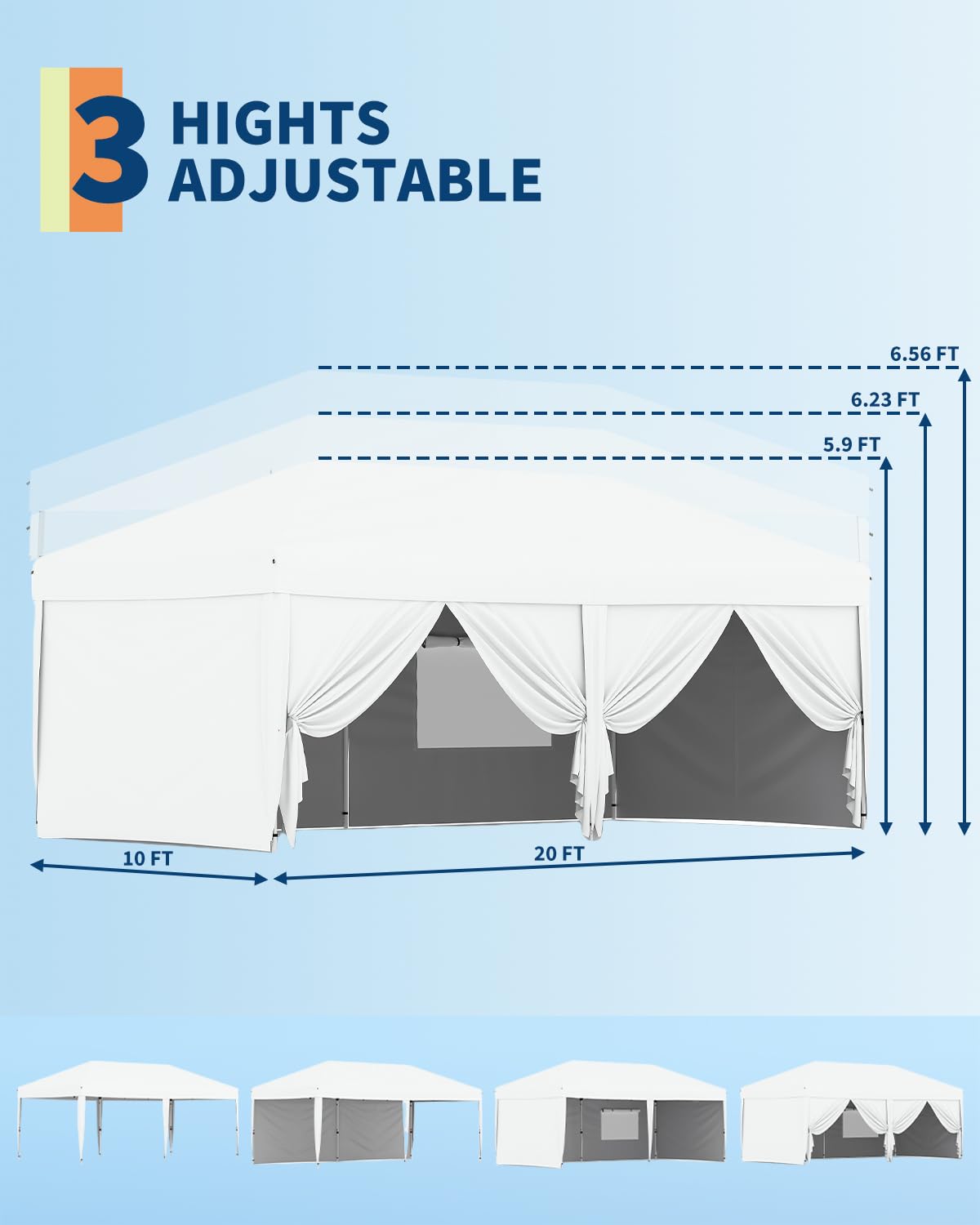 GarveeLife 10x20 Pop Up Canopy with 6 Sidewalls, Beach Ten with One Push Setup, Heavy Duty Outdoor Instant Canopy Tent with Portable Roller Bag, Silver Coated Top, 3 Adjustable Height, Sandbags,White