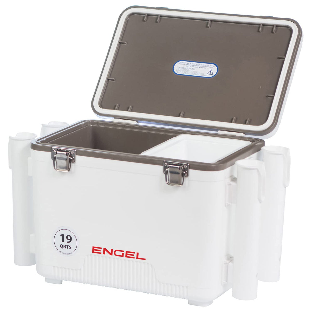 Engel UC19 19qt Leak-Proof, Air Tight, Fishing Drybox Cooler with Built-in Fishing Rod Holders, Also Makes the Perfect Small Hard Shell Lunchbox for Men and Women in White