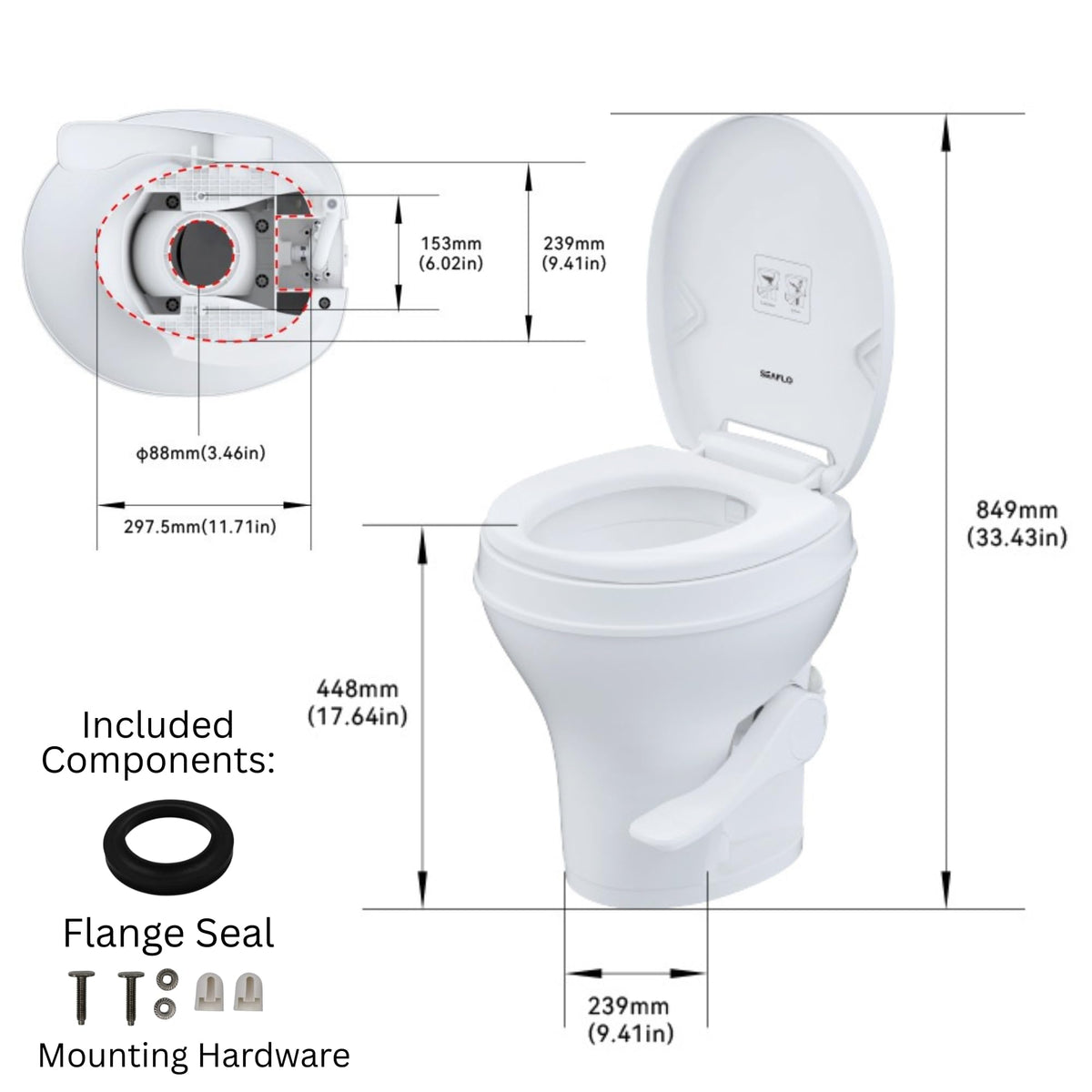 SEAFLO RV Toilet, Residential Height 18.4", Gravity Flush Foot Pedal, Soft Close Seat, Camper Toilet for RV Motorhome Travel Trailer, White, SFRTPH-01-01, 4-Year Warranty