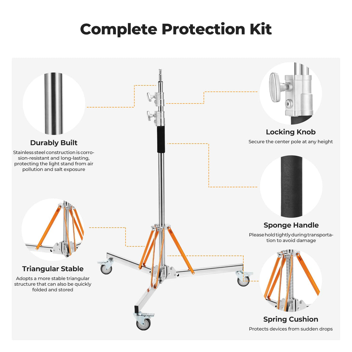 K&F CONCEPT Heavy Duty Light Stand with 360° Swivel Casters & Step-On Brakes, 10ft/305cm Adjustable Stainless Steel Tripod Stand for Studio Photography, Supports COB Lights, Softboxes up to 30kg/66lb