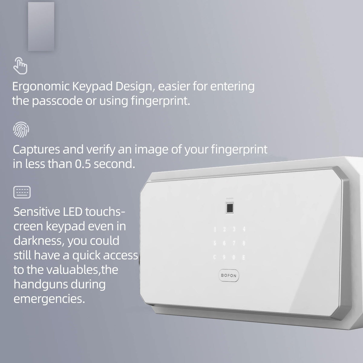 BOFON Fingerprint Password Safe Box, Security Box with Key,Safety Boxes for Home,Cabinets for Office,1.45 Cubic White