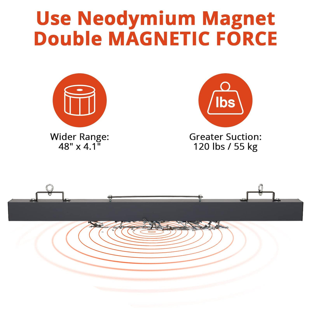 60" Heavy Duty Magnetic Sweeper - 140LB Capacity Industrial Magnet Bar for Nails, Screws & Metal Debris - Quick Release Lever for Construction Sites & Driveways