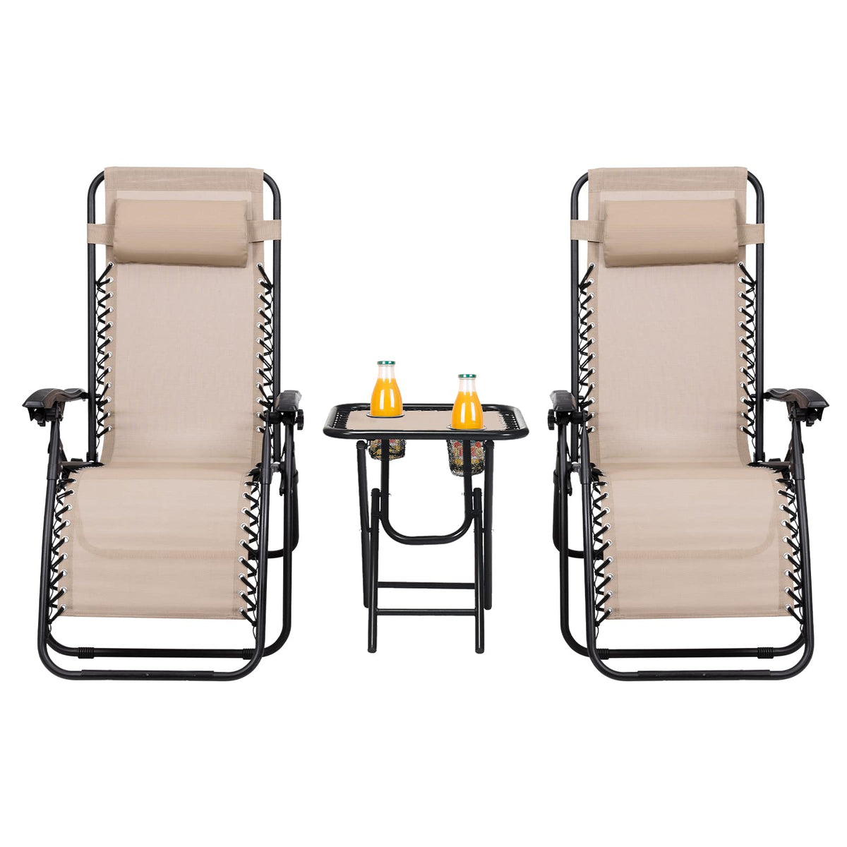 HAPPYGRILL Zero Gravity Lounge Chairs Set with Coffee Table, Folding Reclining Chairs with Side Table and Pillow, 3 Pieces Adjustable Patio Lawn Recliner Set for Outdoor Garden Camp Travel