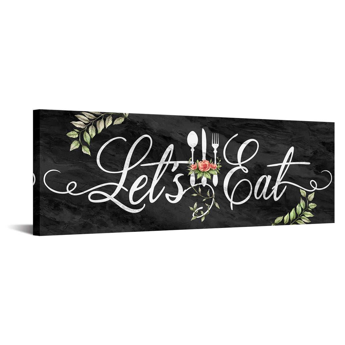 KREATIVE ARTS Farmhouse Kitchen Wall Art - Let's Eat Sign Poster - Black Marble Canvas Prints - Ready to Hang 12x36'' Painting for Dining Room and Kitchen Decor