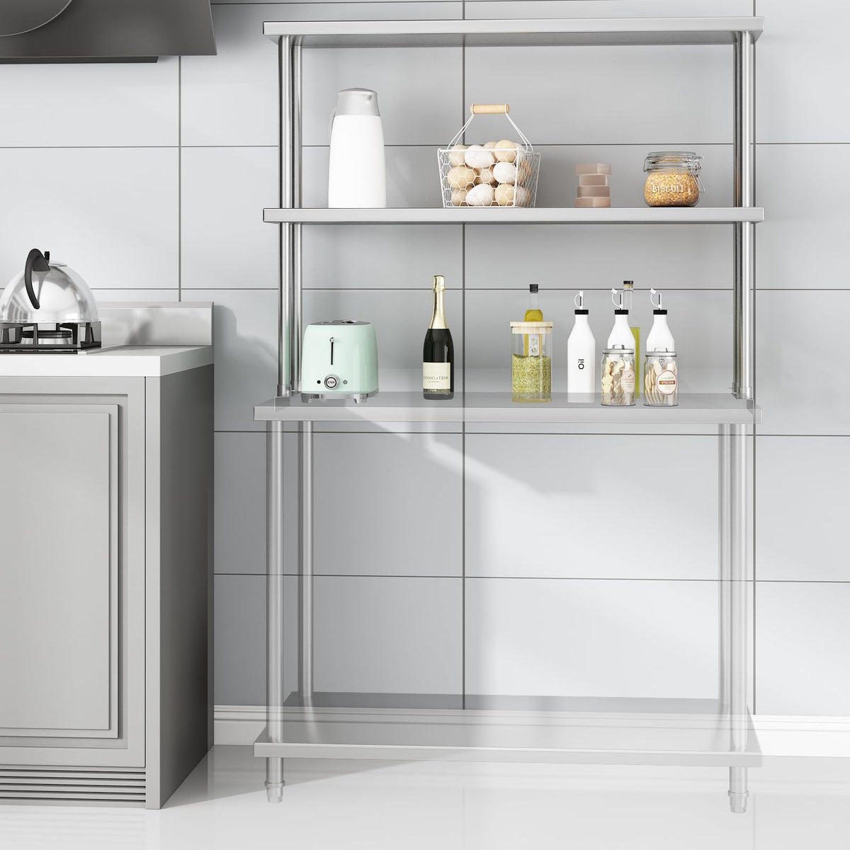 GarveeHome Heavy Duty Stainless Steel Double Overshelf for Commercial Kitchen - 2-Tier Adjustable Shelf (12 in x48 in) - 360 LB Capacity - Restaurant Prep Table, Workbench, Home & Garage Storage Rack