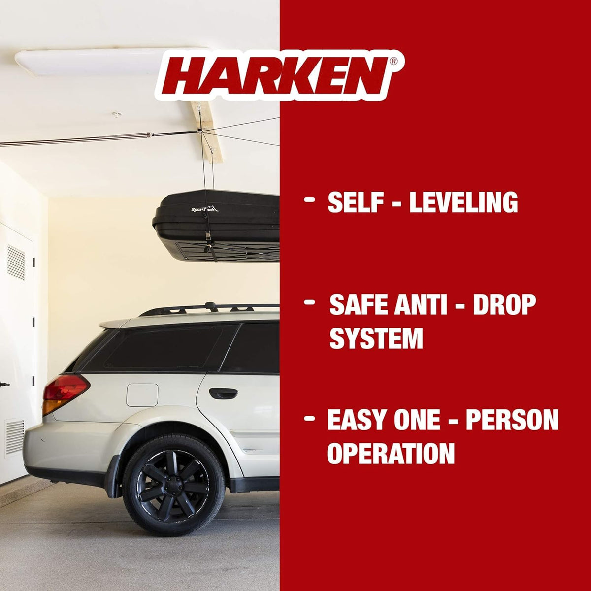 HARKEN Hoister Lightweight Cargo Carrier Overhead Garage Storage 4-Point Hoist System for 60lb Carriers, Kayaks, Canoes, Storage (60lb max load,16ft.Ceiling), Model 7801.16