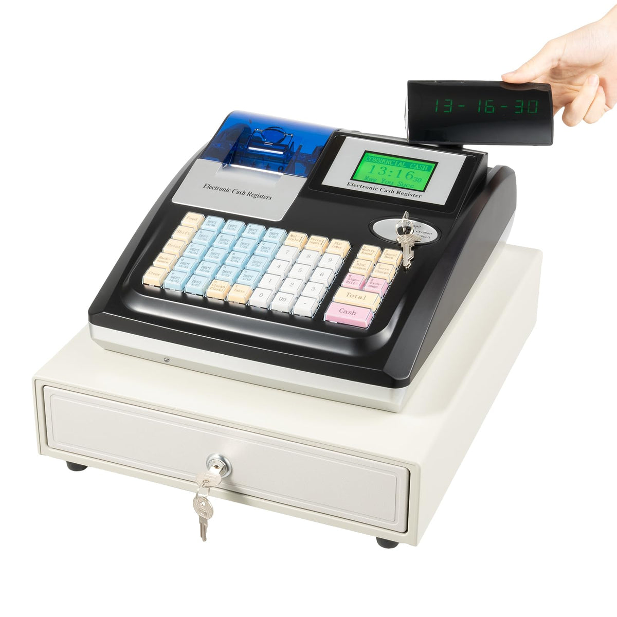 Electronic Cash Register Commercial Cash-Register with Thermal Print Head and 8-Digit LED Customer Screen 48 Keys Keyboard and Cash Drawer Register for Shops, Supermarkets, Restaurants (Black)