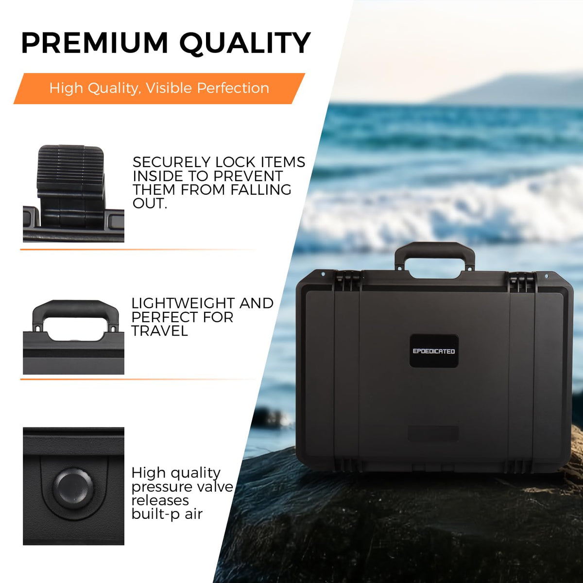 EPDEDICATED IP67 Waterproof Shockproof Hard Case, Orange Rugged Hard Shell with Custom Foam Insert, Lockable Heavy-Duty Equipment Case for Camera Drone Tools Camping Gear, 18.0×13.39×5.12 In (Black)