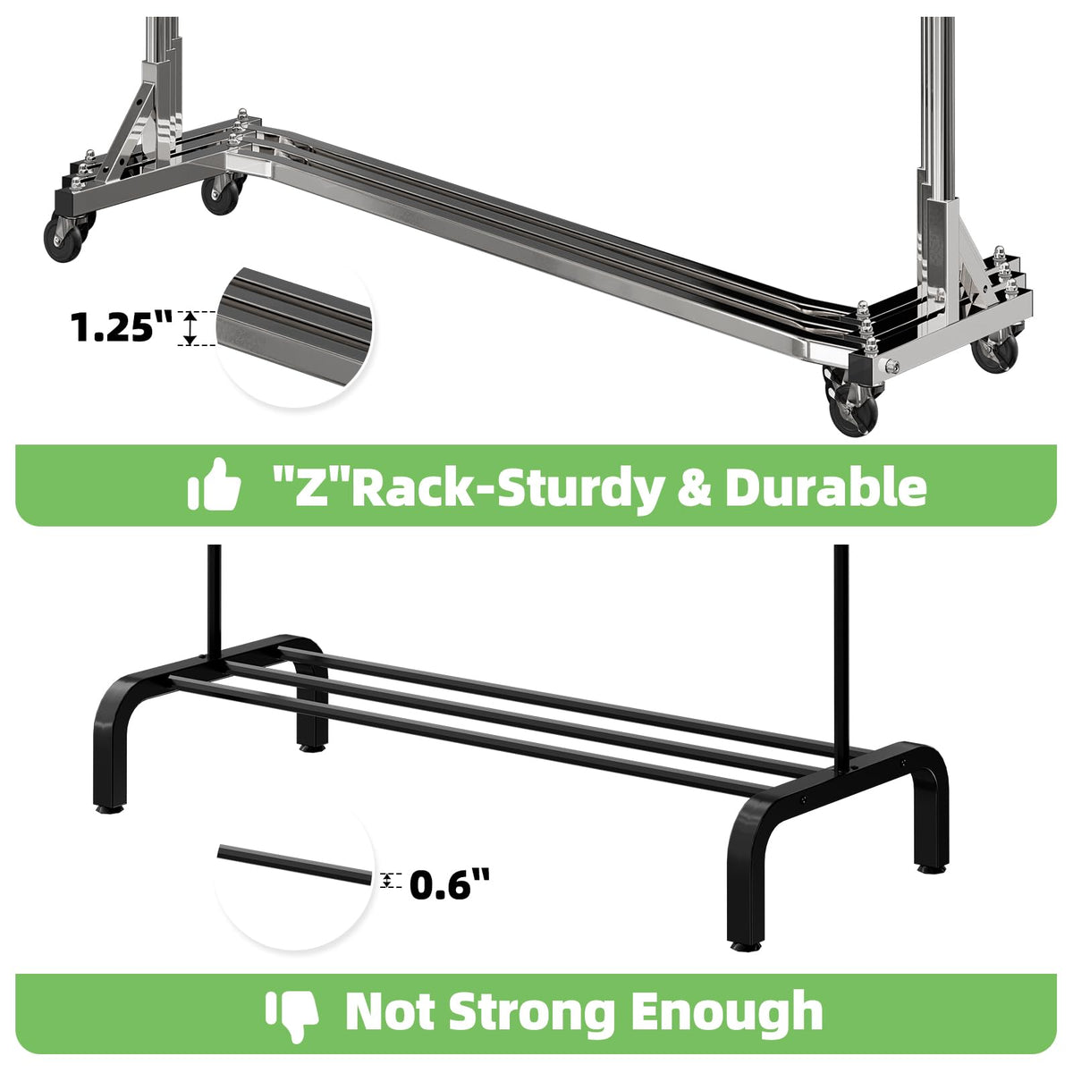 Simple Trending Industrial Grade Z Base 70in extra long Clothes Garment Rack, Commercial Grade Rolling Clothing Rack, Heavy Duty 450lb Load with Wheels, Chrome