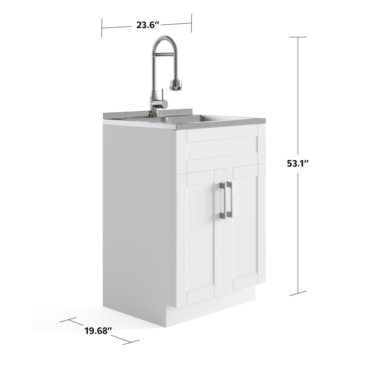 SIMPLIHOME Hennessy All-in-One 24 inch Wide Utility Sink and Laundry Cabinet in Pure White Finish, Transitional Stainless Steel Sink Cabinet for Laundry Rooms with High-Arch Chrome Faucet and Storage
