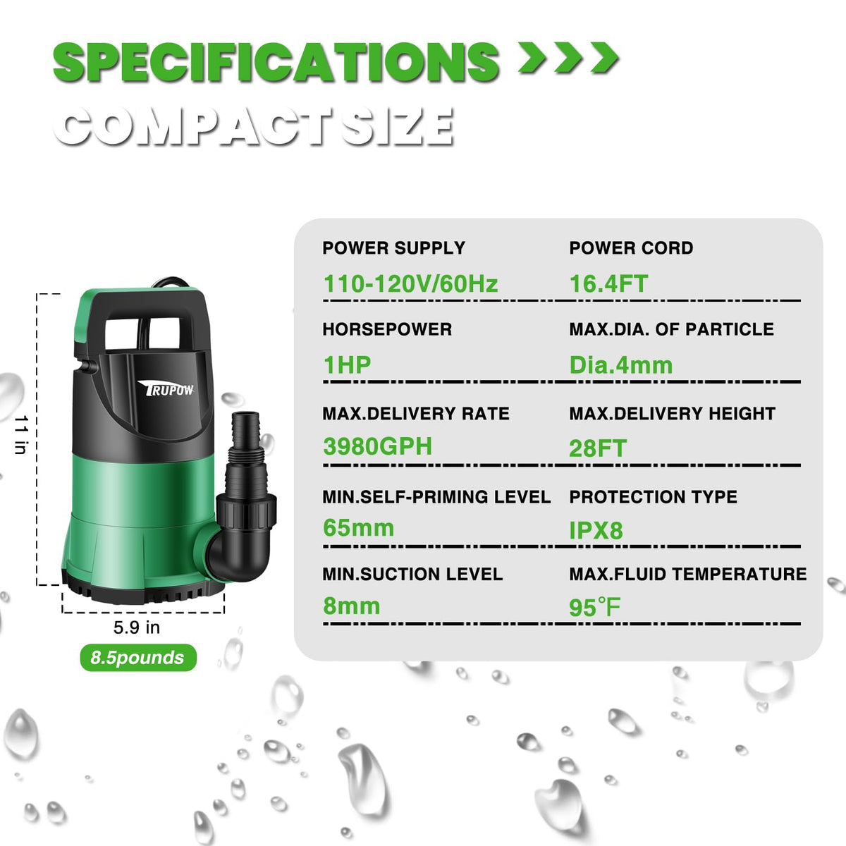 TRUPOW 1 HP Sump Pump Submersible Water Pump 3981 GPH Portable Thermoplastic Electric Utility Pump for Swimming Pool Garden Basement Tub Pond Draining Remove Water Level Down to 0.3"