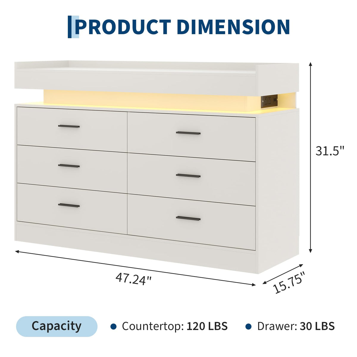 TV Stand Cabinet with LED Lights & Charging Station, Coffee Bar Cabinet Floating Countertop, Modern Sideboard Buffet 6 Drawers for Home, Living Room, White