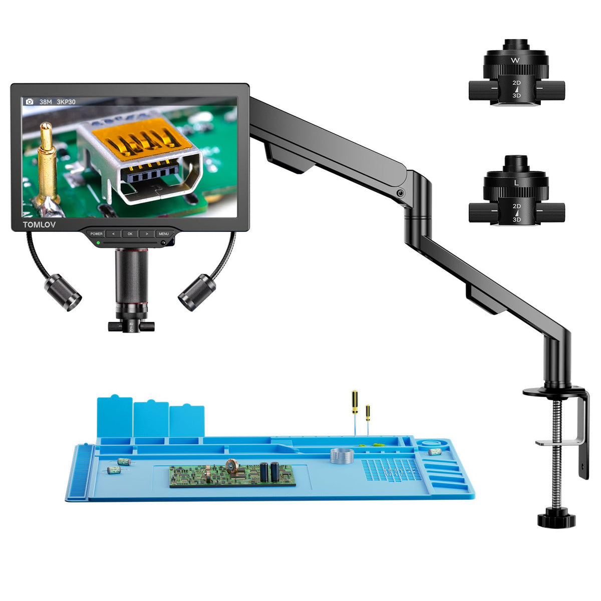 TOMLOV 3D Digital Microscope for Soldering: Magnetic Dual Lens Micro Scope TM3K-3D for Adult, Coin Microscope with Flex Arm, 3K 7-Inch IPS Screen, HDMI/USB Output, Gooseneck Light, Repair Mat, 16GB