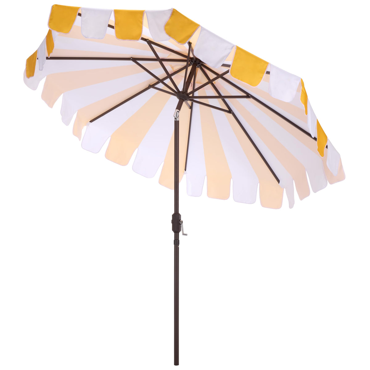 SAFAVIEH Outdoor Patio Furniture Collection – Meze 9 Ft Yellow Stripe & Brown Crank Umbrella, Market-Style Patio Umbrella with Aluminum Pole, Outdoor Shade Accent (PAT8013Y)