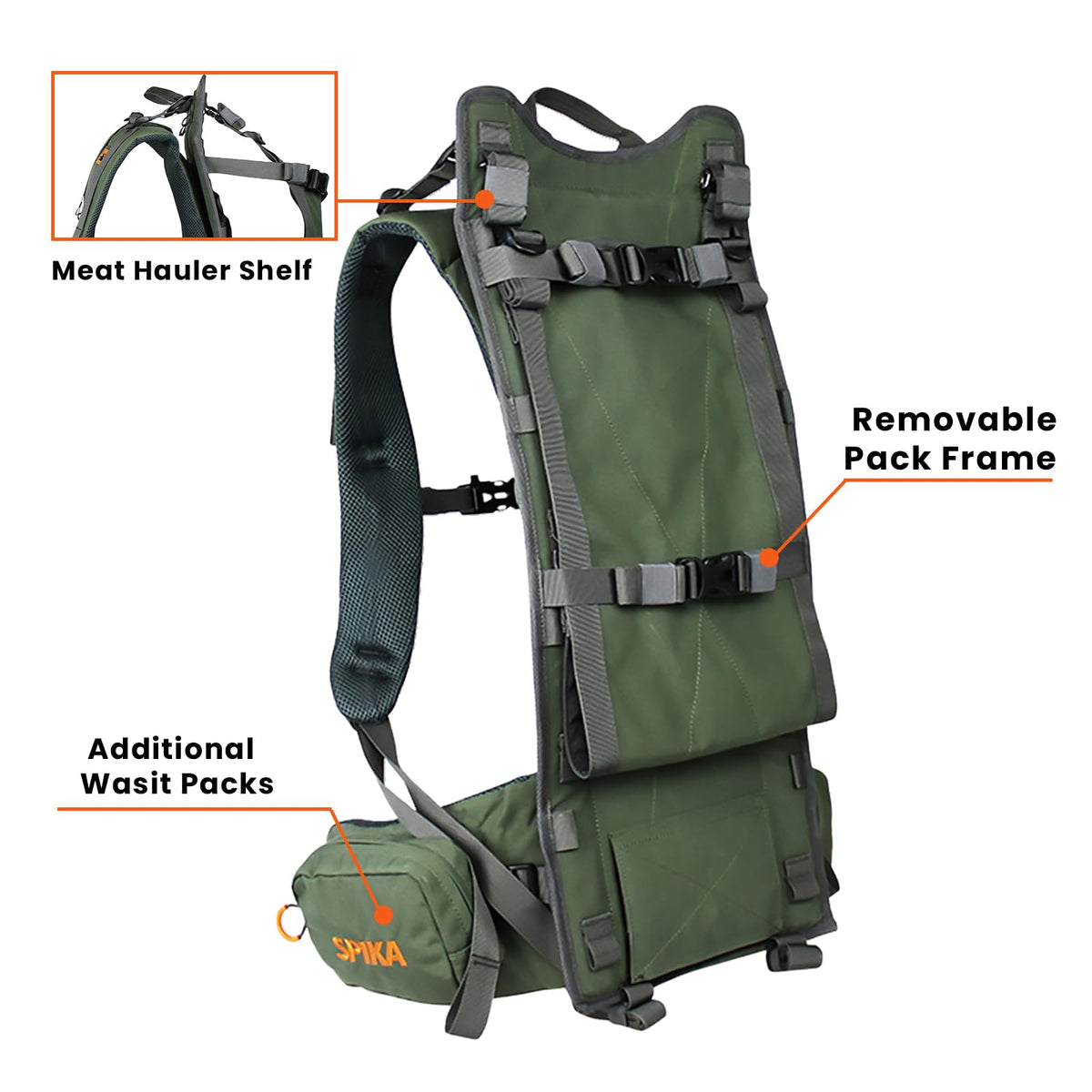 SPIKA Hunting Backpack Internal Frame for Men Waterproof Hunting Pack with Rifle Holder Rain Cover Extendable 40L+ Capacity