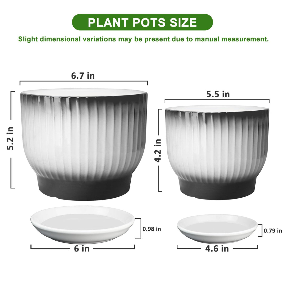YUFDA 6.7 + 5.5 Inch Ceramic Plant Pots,Set of 2,Planters with Drainage and Saucer,Indoor Pots for Plants,Modern Flower Pots for Home and Office（Black + White）